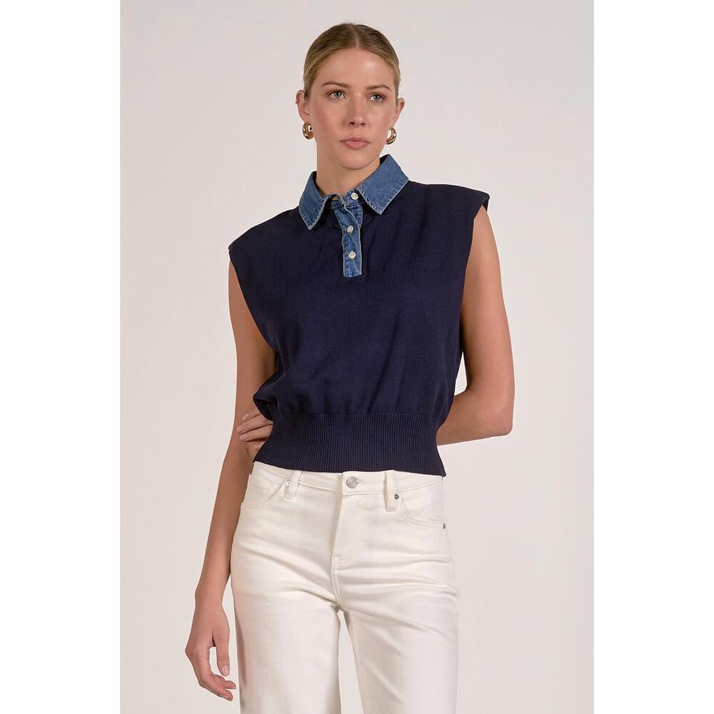 NEW ELAN cap sleeve mixed media top in navy